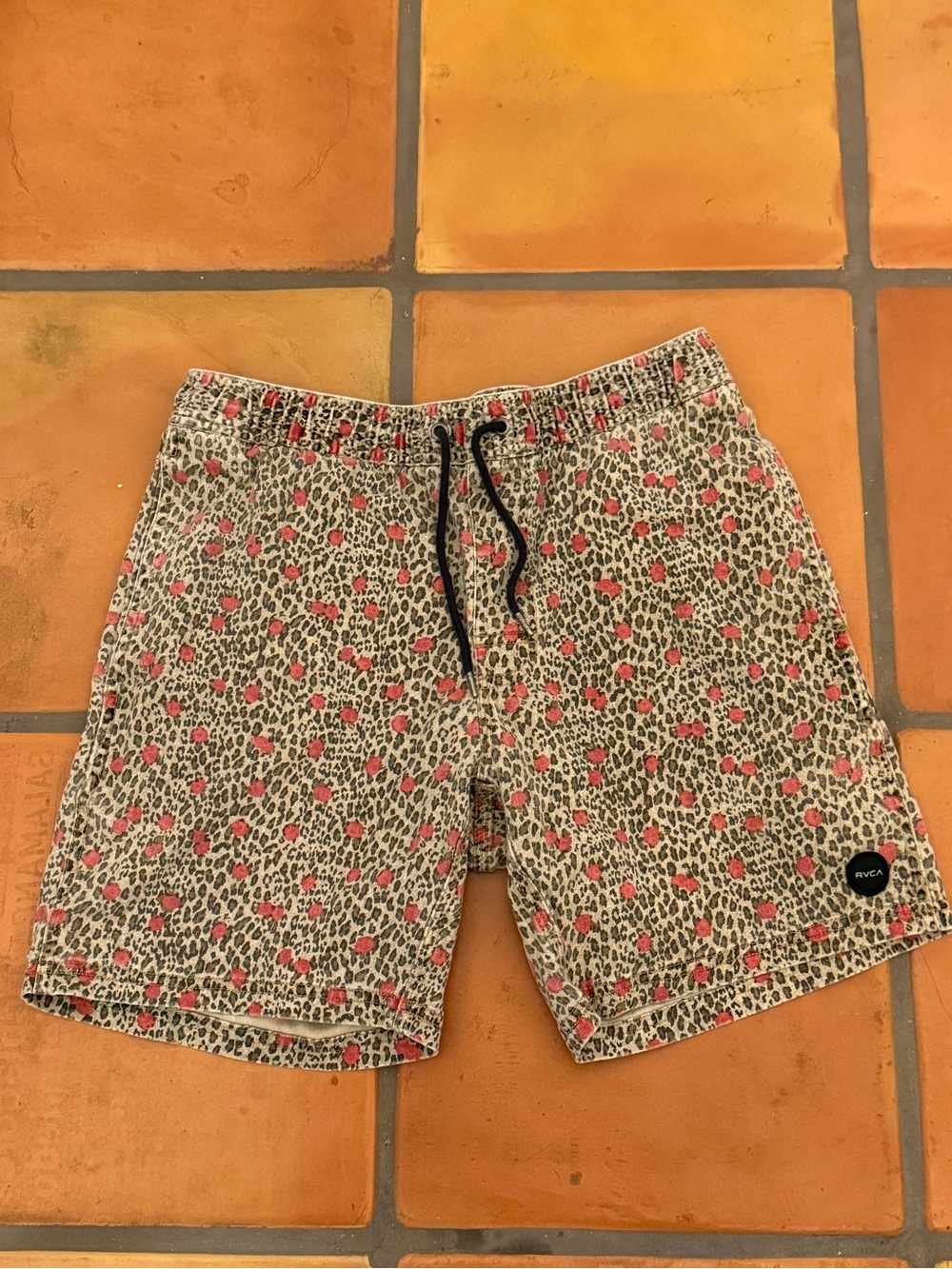 RVCA Leopard Drawstring Shorts - Red & Beige